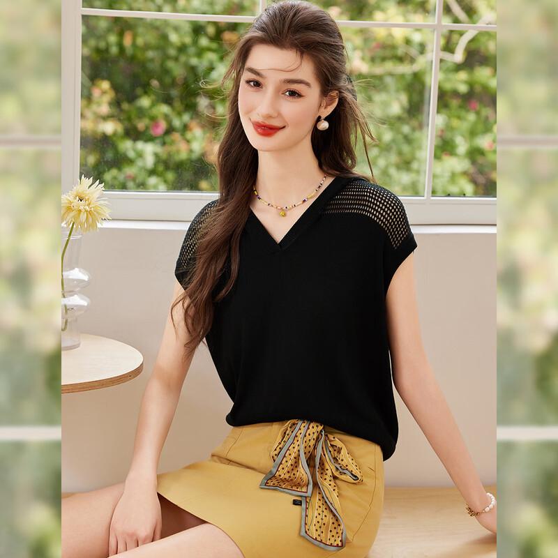Women s Hollow Knit Short Sleeve Hooded Top S