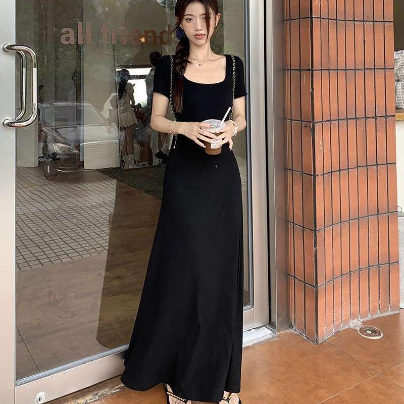 Korean version of foreign style ins new small French black dress summer women's clothing high-end temperament
