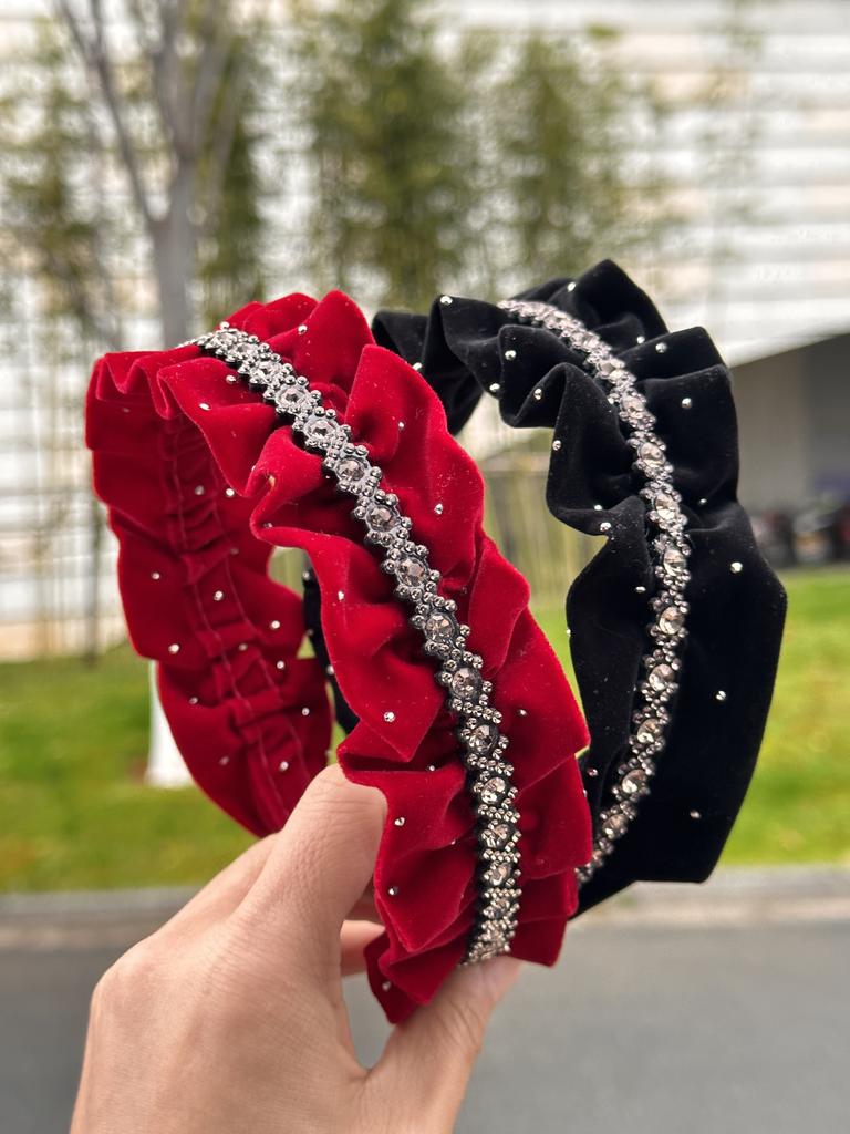 Black Diamond Pleated Gold Velvet Headband, High-End Aristocratic Elegant Rhinestone Headband, Popular Hair Accessories for Women