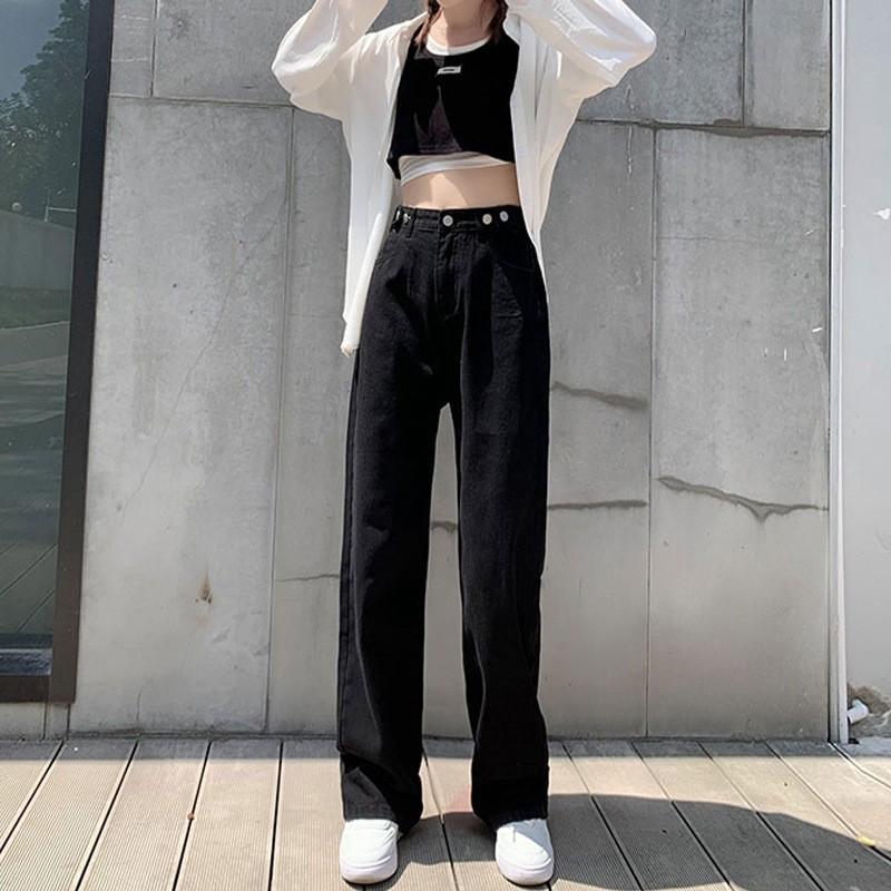 Women's Adjustable High Waist Straight Leg Loose Korean Style Slimming Petite Wide Leg Floor-Length Jeans