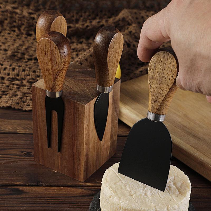 Acacia Wood Magnetic Cheese Knife Rack Stainless Steel Cheese Knife and Fork Set Cheese Knives 5 Piece Set