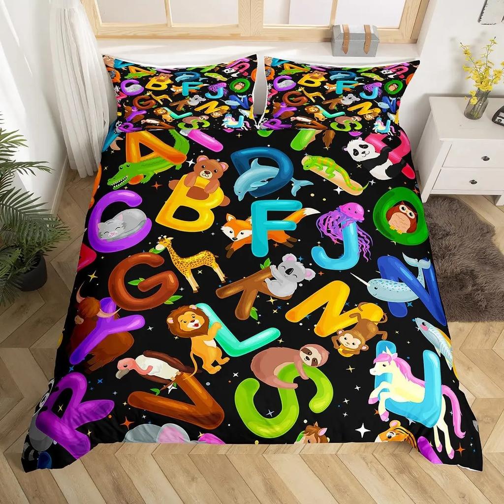 Comforter Cute Cartoon Animals Twin For Kids Boys English Alphabet Bedding Set Cute Monkey Colored Letters Comforter
