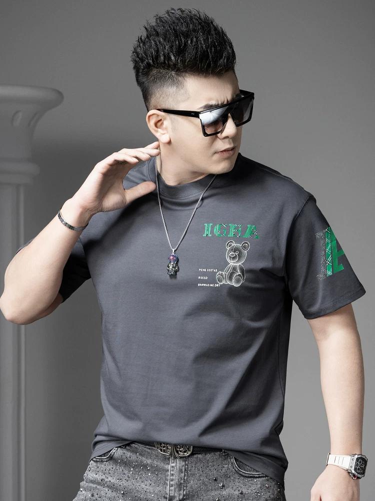 European Goods 2025 Summer New Fashion Brand Rhinestone Bear Print Short-Sleeve T-Shirt Men's Round Neck Half-Sleeve Tee Top