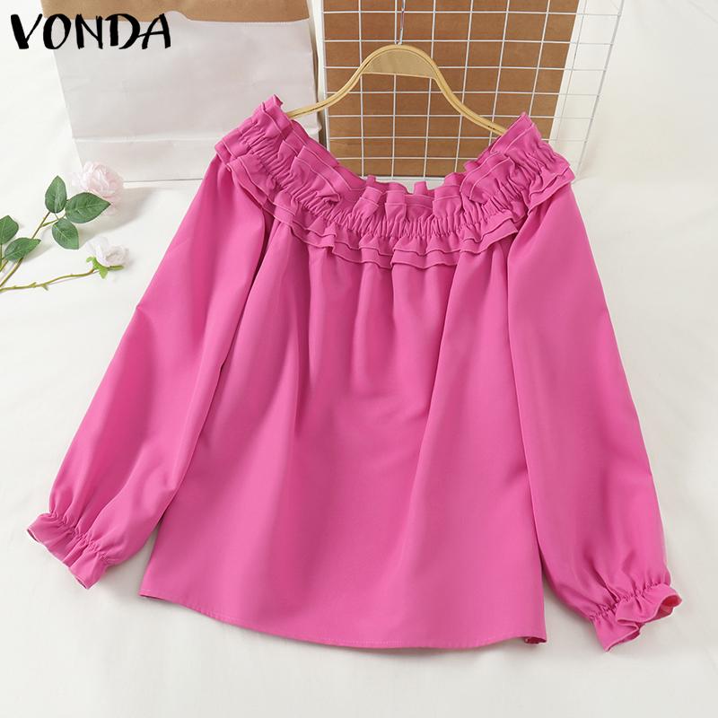 VONDA Women Summer Off Shoulder Ruffle Lantern Long Sleeve Blouses