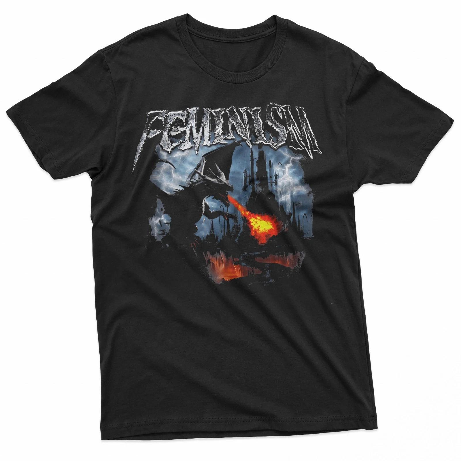 Feminism Dragon Fire Breathing Dark Art Grunge Castle Dragon 100% Cotton T-shirt Mens Tees Top 4XL