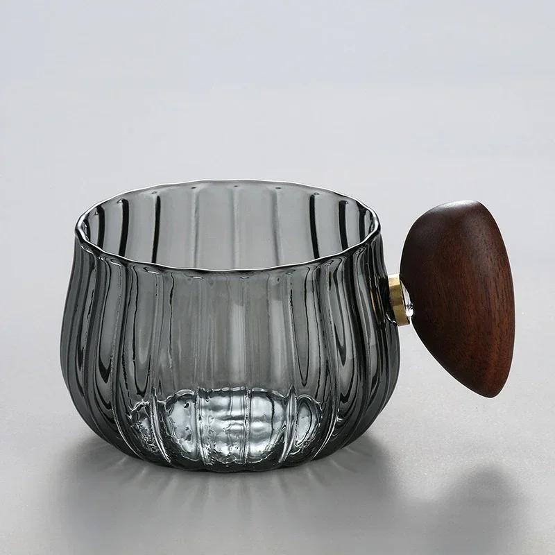 250ml High Borosilicate Glass Coffee Cup Pumpkin Shape Striped Heat-resistant Wooden Handle Latte Cup Breakfast Milk Tea Cup