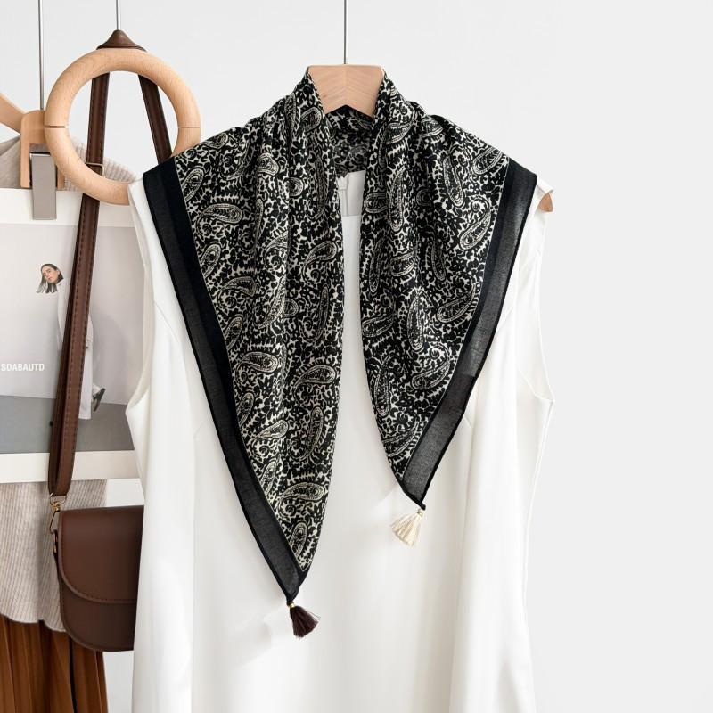 New Korean Version Fashionable and Simple Fringed Square Scarf Imitation Cashmere Thin Hanging Ear Scarf Decoration Old Money Wind Hanging Beard Silk