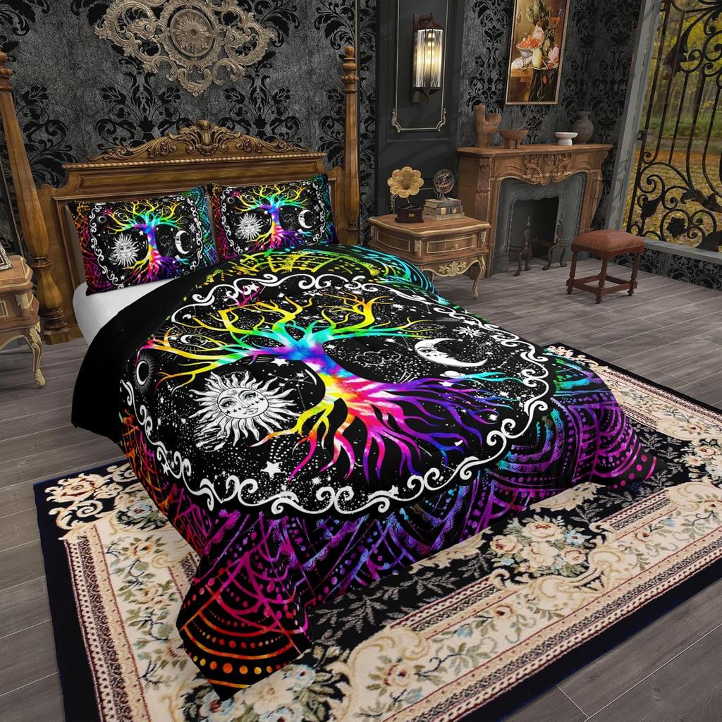 Erosebridal Sun and Moon Comforter Set Queen,Black and White Bedding Set for Kids Boys Girls,Psychedelic Tree of Life Down Comforter,Galaxy