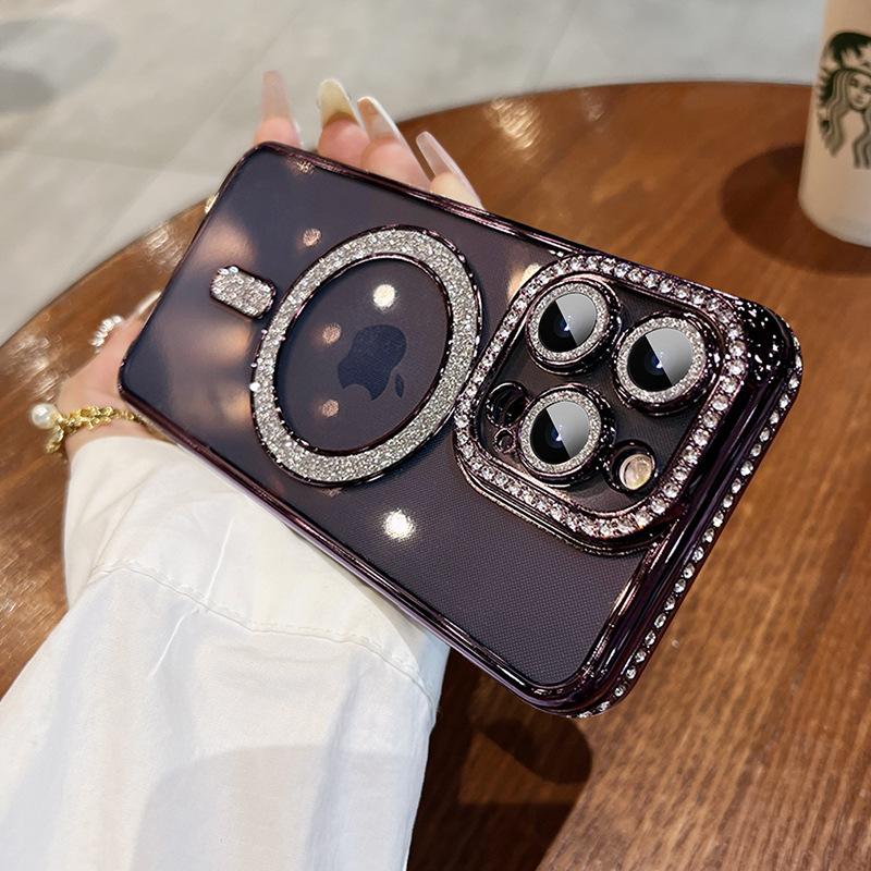 Luxury Plating Glitter Magnetic For Magsafe Case For iPhone 15 13 12 11 14 Pro Max Diamond Lens Protection 15 14 Plus Back Cover