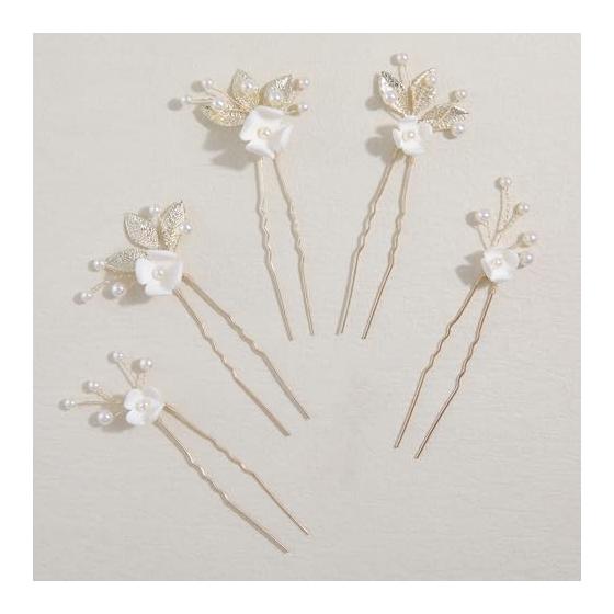 Hair Accessories Set of 5 U-Pin Hairpins with Flower, Leaf, and Pearl Motifs, Headpiece for Weddings, Parties, Receptions, Graduations, Performances,