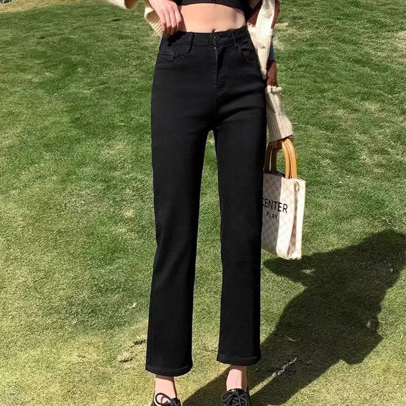

2025 Spring/Summer Women s Black Cigarette Straight-Leg Jeans - Slim Nine-Point Style 25