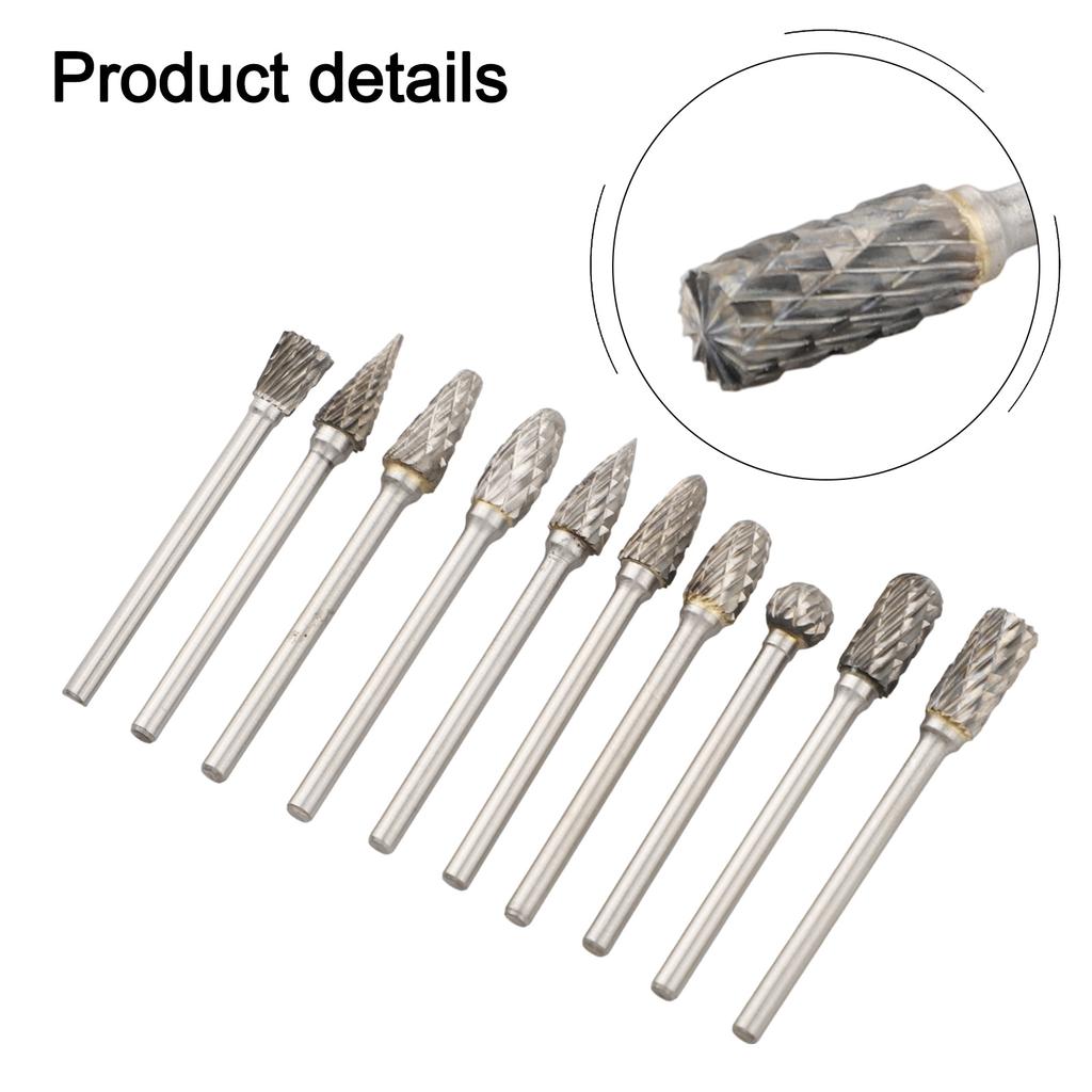 10pcs Rotary File Grinding Head Set Engraving Milling Cutter Head Tungsten Steel Double-Cut Grinding Heads Rotary Tools