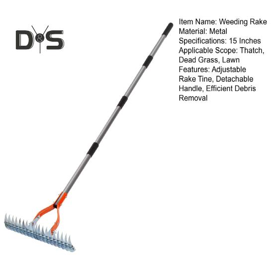 Weeding Rake Steel Thatch Rake with Adjustable Double-Sided Rake Tine Detachable Long Handle Garden Grass Grooming Rake for Healthy Lawn