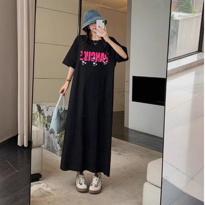 This Is A New Summer Dress for Women. It Features A Trendy Black Short-sleeved, Loose and Laid-back Long T-shirt Dress