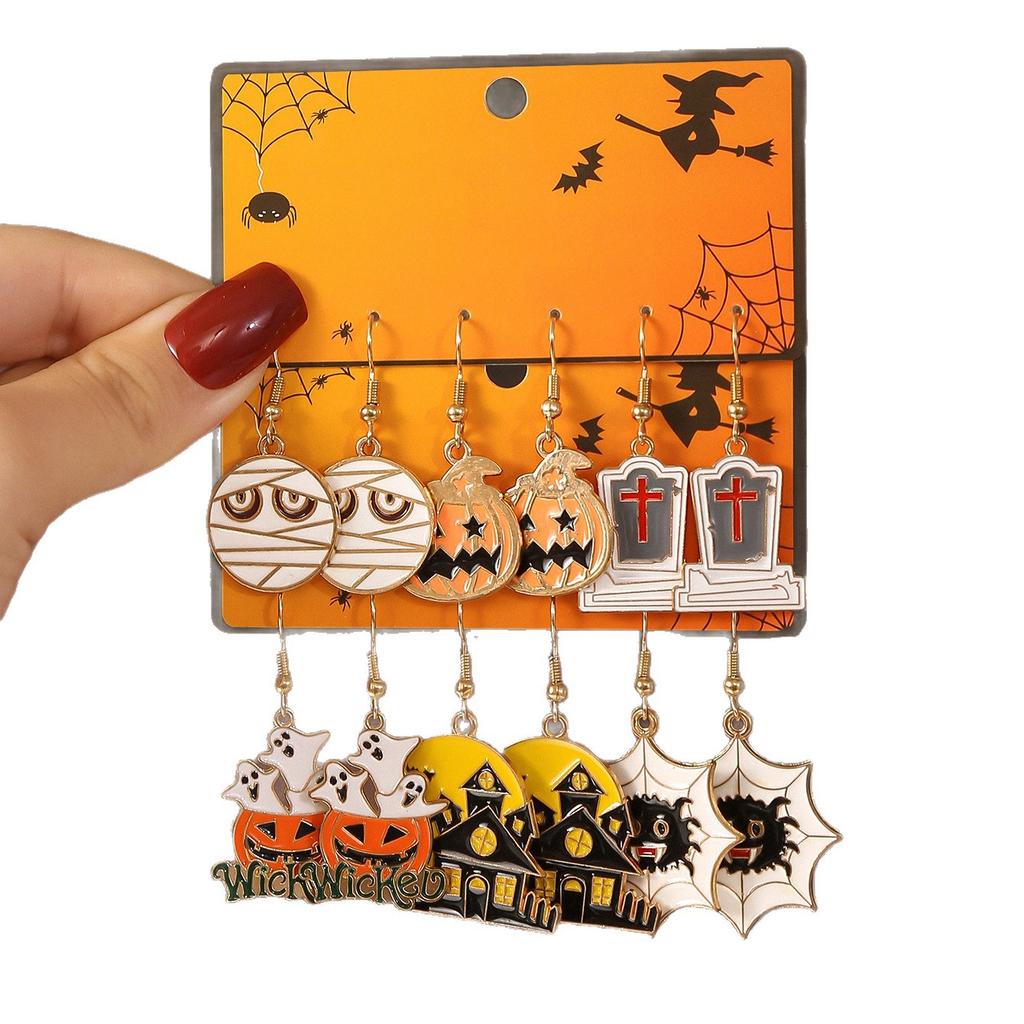Hot Selling Accessories Cute Cartoon Style Ghost Pumpkin Head Design Pendant Earrings Set Halloween Earrings Girl