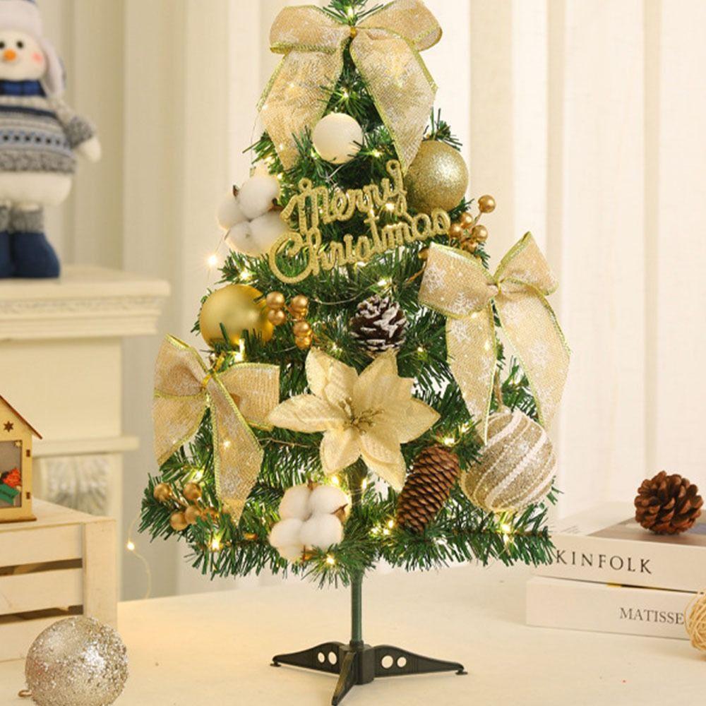 With LED Light Artificial Christmas Tree Bow Knot Pine Cone Tabletop Xmas Tree 45CM PVC Desktop Pine Christmas Tree New