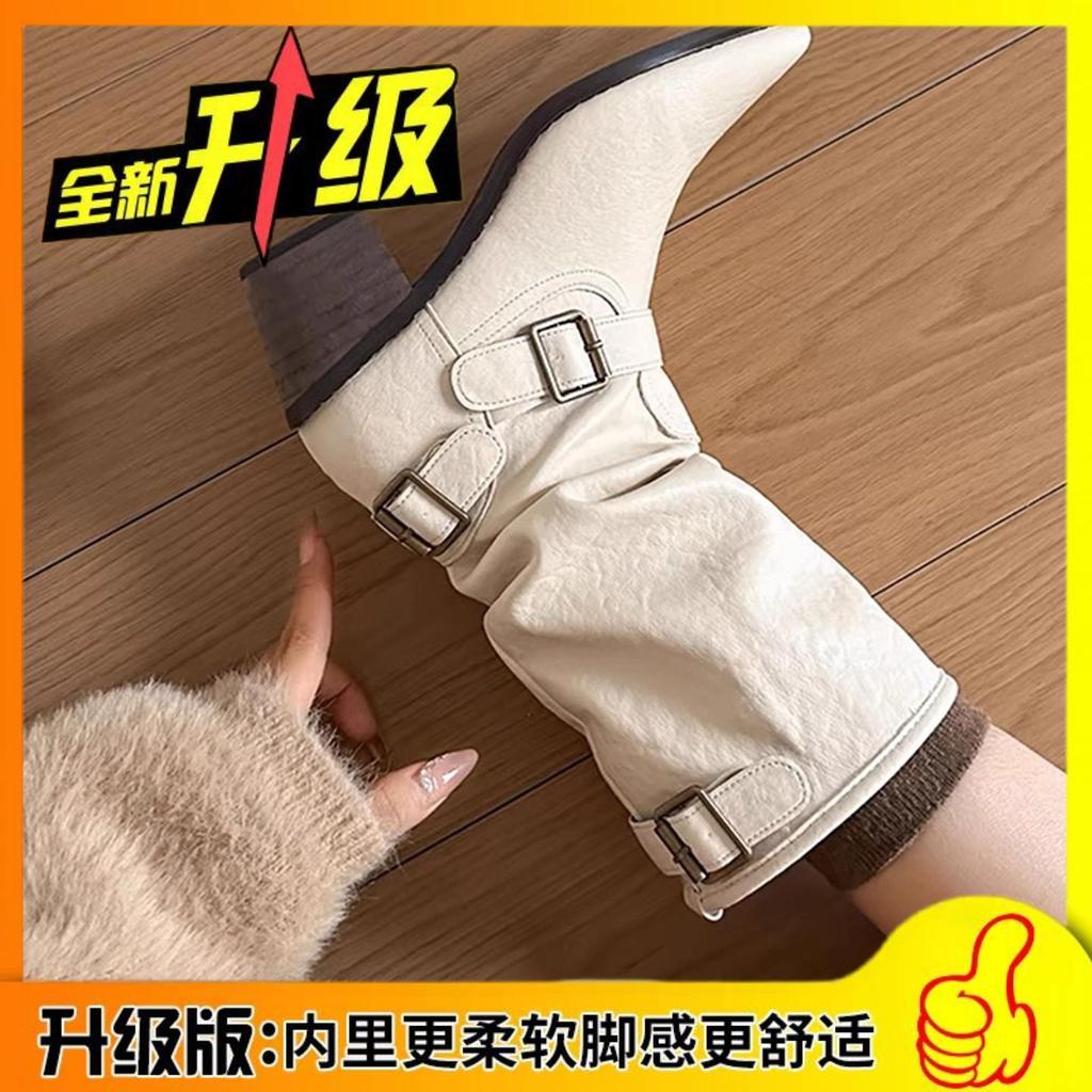 Pointed Thick Heel Martin Boots Women's 2025 Autumn and Winter New Soft Leather European and American Style Tube Stacking Boots White Short Boots Wom