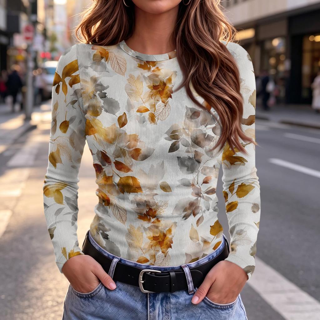 Women's Slim Fit Maple Leaf Print Long Sleeve Round Neck T-Shirt for Fall Casual Wear