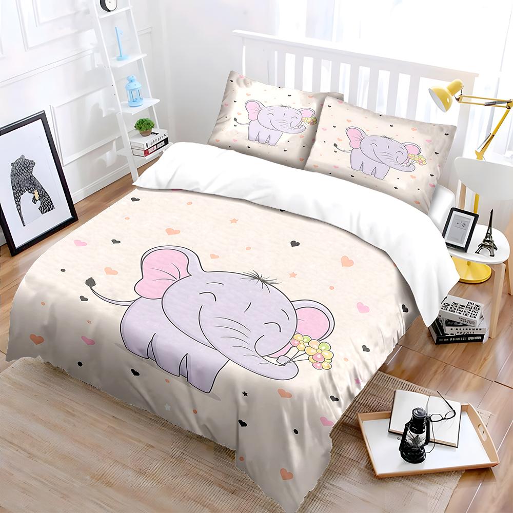 Cute Elephant Holding Flowers Print Bedding Set 1 Duvet Cover 2 Pillowcases For Adult And Children Luxury Gift Full Size