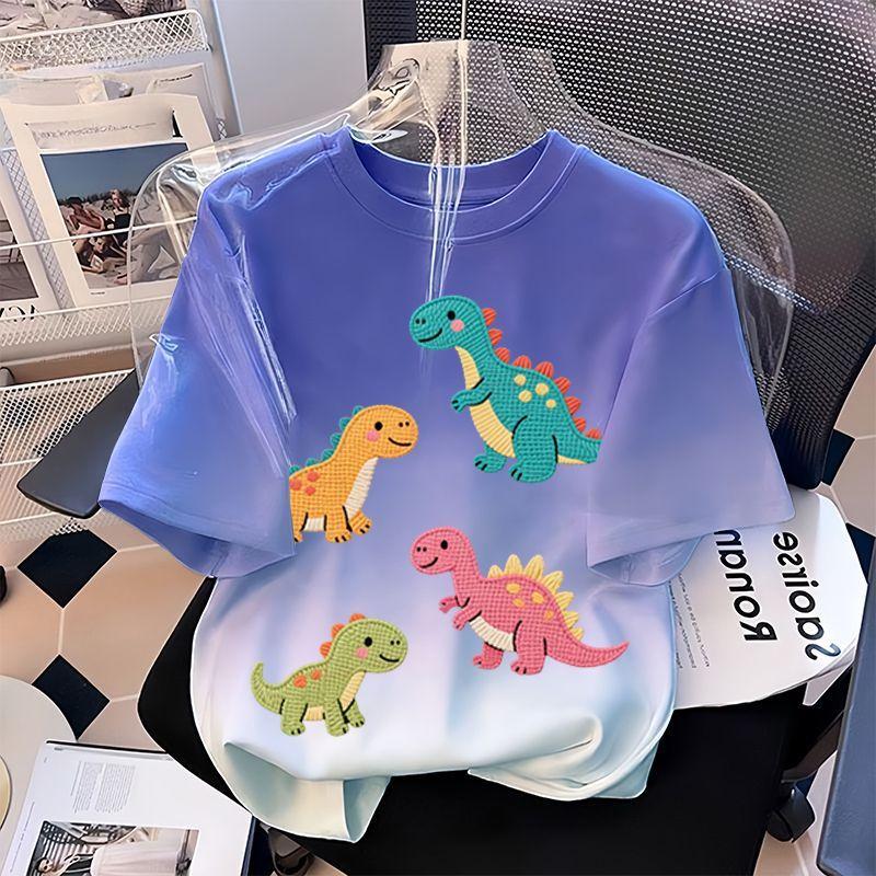 Girls' Fashionable Dinosaur Top - Summer Children's Casual Loose Pure Cotton T-shirt