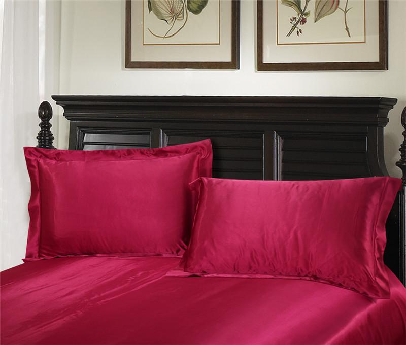 Red Wedding Four-Piece Set: Imitation Mulberry Silk Duvet Cover and Bed Sheet in Solid Color, Double Size, Faux Tencel Tribute Satin.