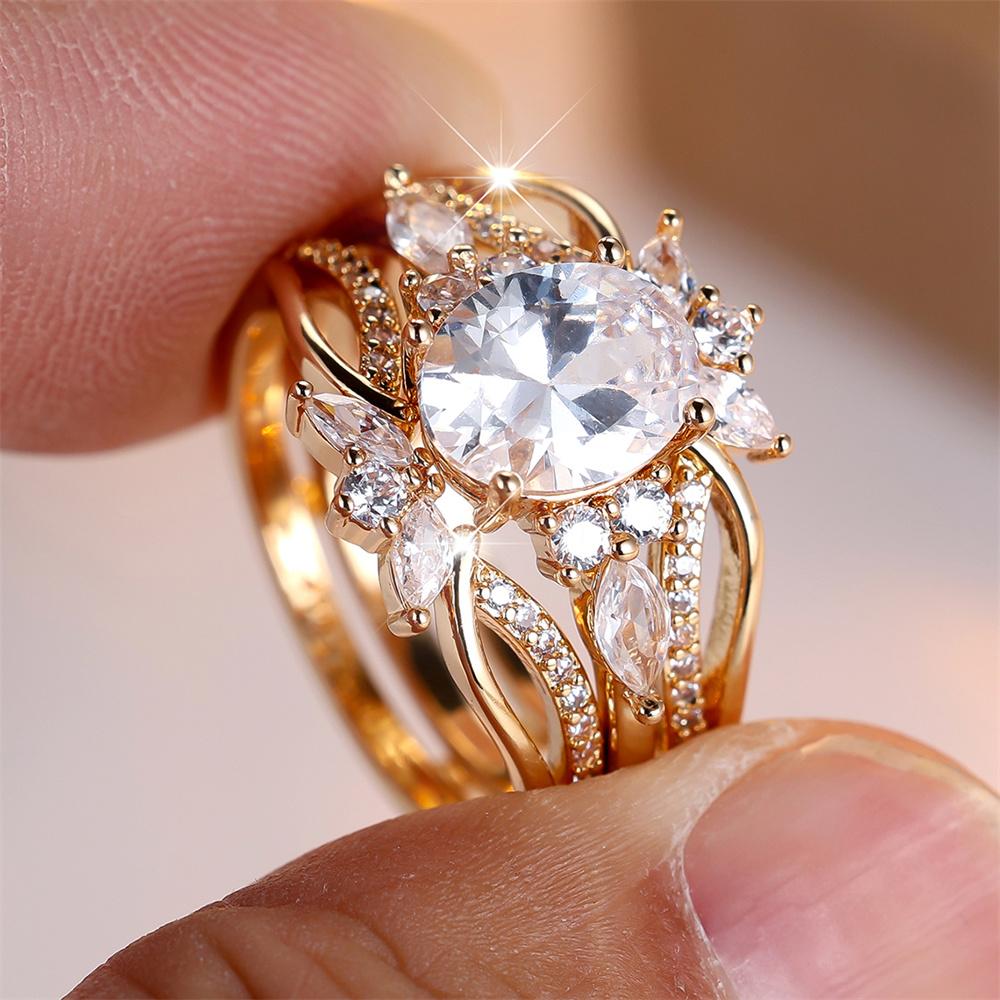 Oval Stone White Zircon Cute Flower Ring Sets For Women Vintage Gold Color Engagement Bands Wedding Jewelry Set Versatile Gifts