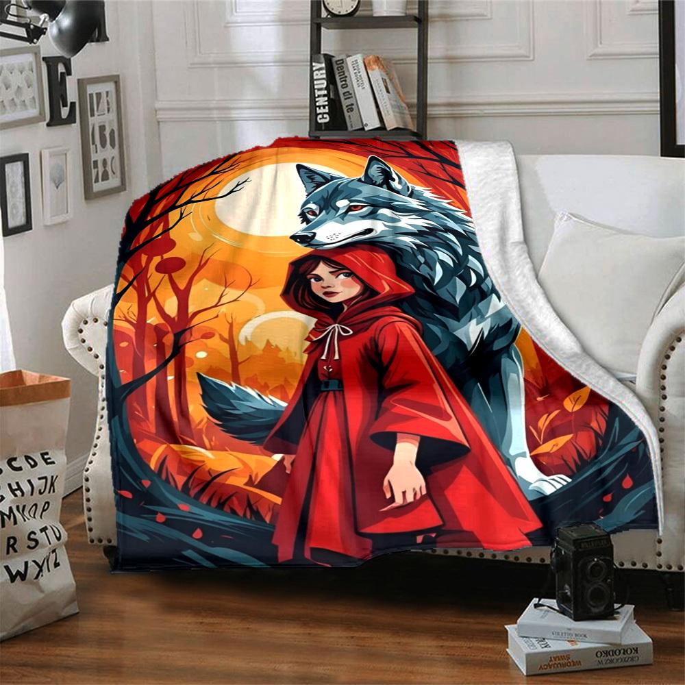 1pc Wolf and Red Hood Blanket - Lightweight Flannel Fleece with Digital Printing, Soft Warm for Sofa, Travel, Camping, Office yy251018294