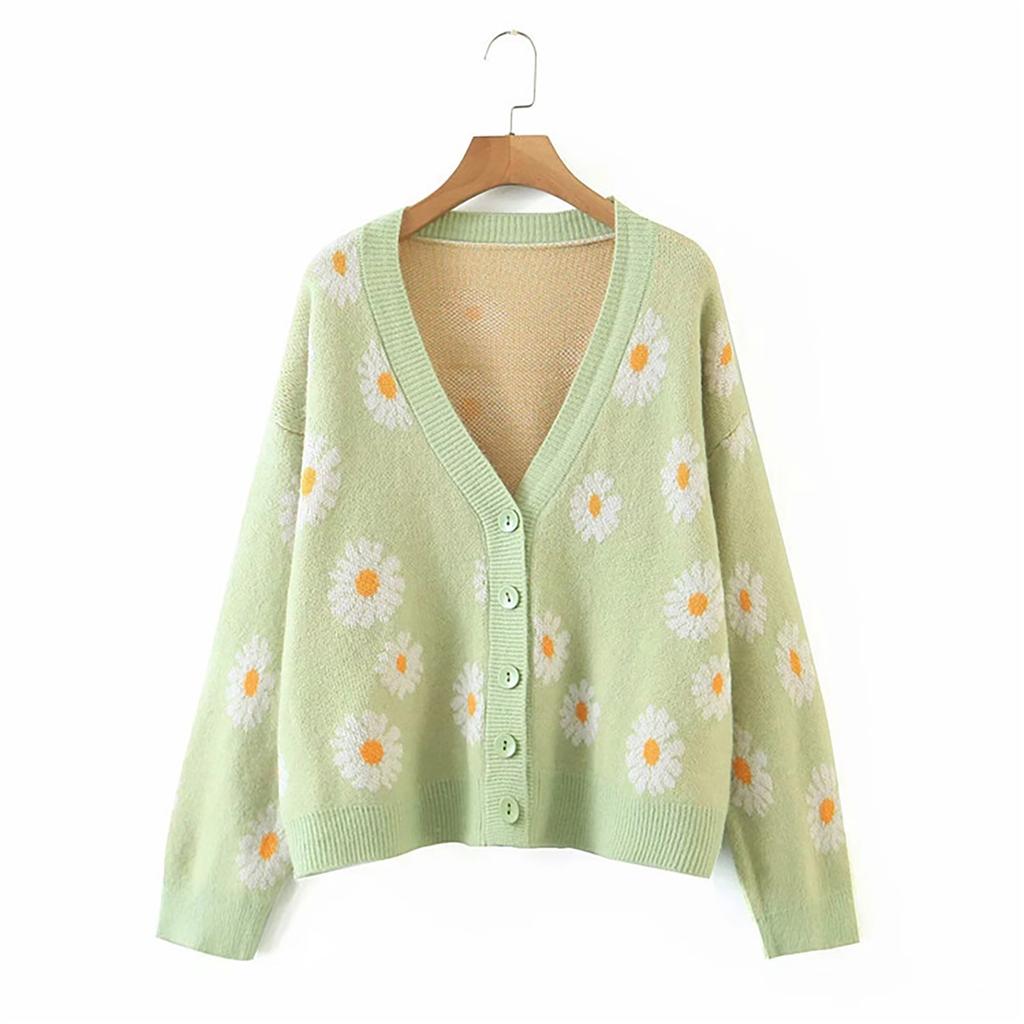 Women's  And Winter Fashion Flower Cardigan Sweater V-neck Long-Sleeved Sweater Women