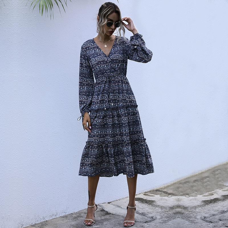 

Женские повседневные платья с длинным рукавом и v-образным вырезом YYFS в винтажном стиле с цветочным принтом XL синий