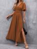 Women V Neck Flutter Sleeve Maxi Dress Elastic Waist Side Slit Long Casual Party Dress