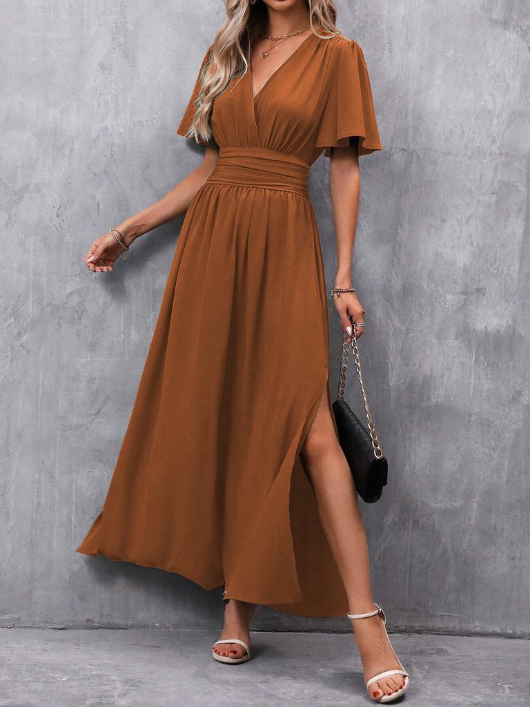Women V Neck Flutter Sleeve Maxi Dress Elastic Waist Side Slit Long Casual Party Dress