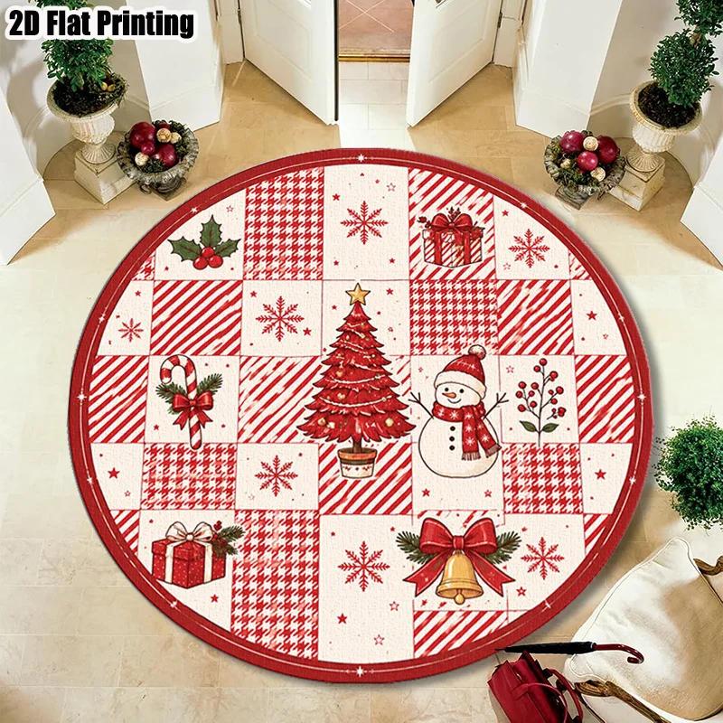 Large Round Bear Plaid Area Rug for Farmhouse Rustic Decor Entrance Mat Waterproof Durable Home Flooring