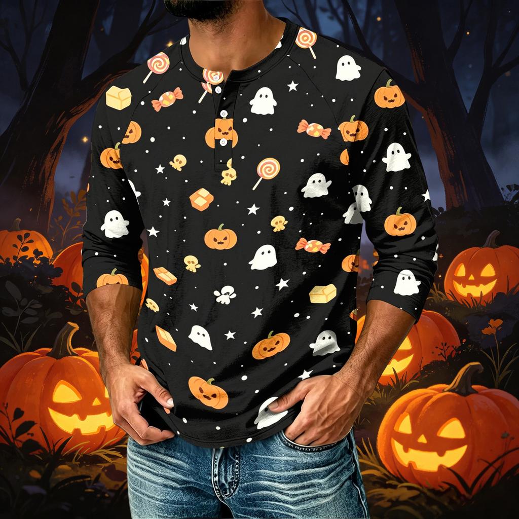 Men's Casual Shirt with Raglan Three-Quarter Sleeves - Halloween Print Top