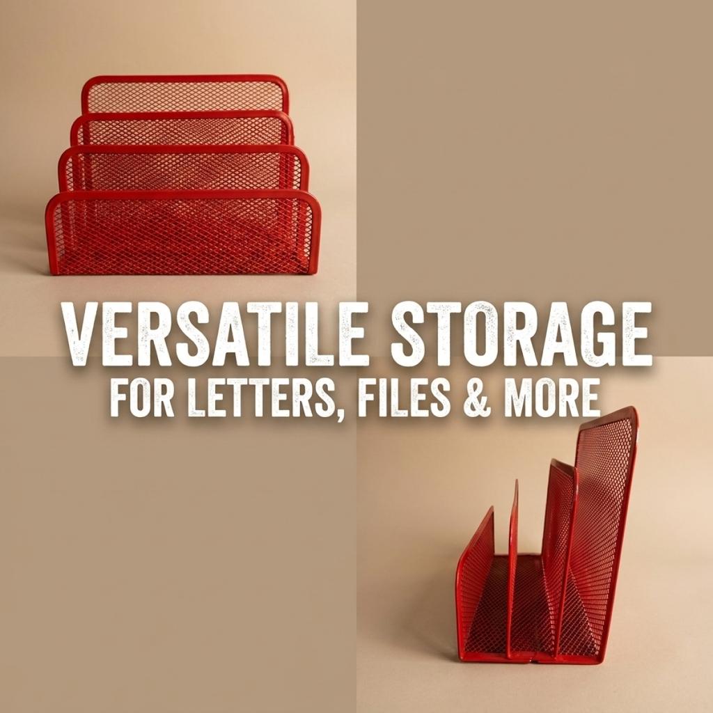 KAWAII Red Letter Sorter – Tiered Storage Mesh Organizer, Metal File Holder for Documents, Stylish Desk Decor for Women