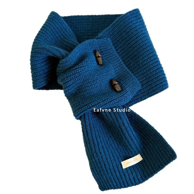 Pure Wool Horn Button Scarf Solid Color Small Scarf Cross Ladies Lazy Warm Autumn and Winter Collar
