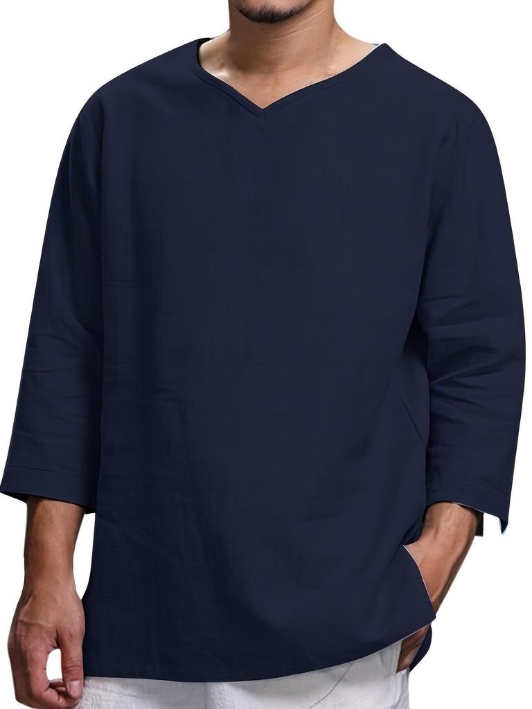Men's Spring 2026 V-Neck Long Sleeve Linen-Cotton Casual Shirt