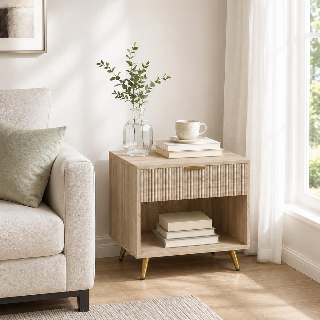 Bedside Table Drawer With Handle for Bedroom Natural Wood Finish
