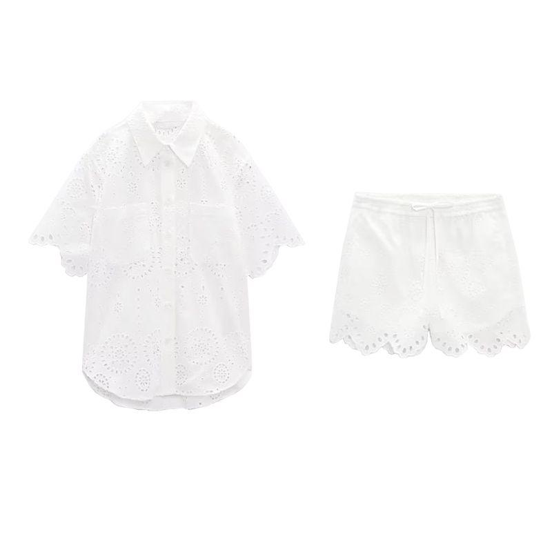 Spring New Polo Collar Short Sleeve Cut Out Embroider Shirt 7578101 White High-Waist Shorts 7575019