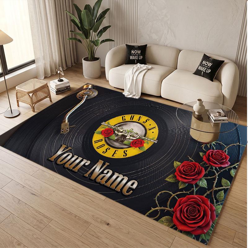 Custom Rug Guns N’ Roses Pattern Print Name Text Soft Non‑Slip Floor Carpet for Home Indoor Decoration