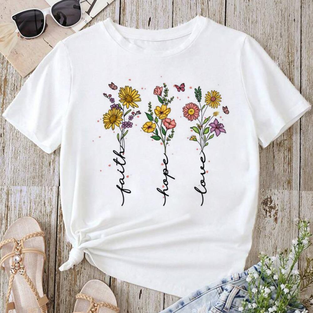 Fjäril Solros Stil Trend Damkläder Mode Grafisk T-shirt Sommar Casual Kortärmad Kvinnlig Basic T-shirts Toppar