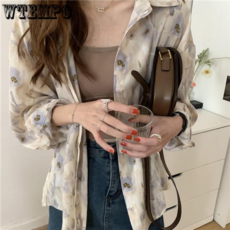 Spring and Autumn Women's Shirt Three-color Vintage Printed Chiffon Shirt Loose Lapel Oil Painting Casual Commuter Women's Top