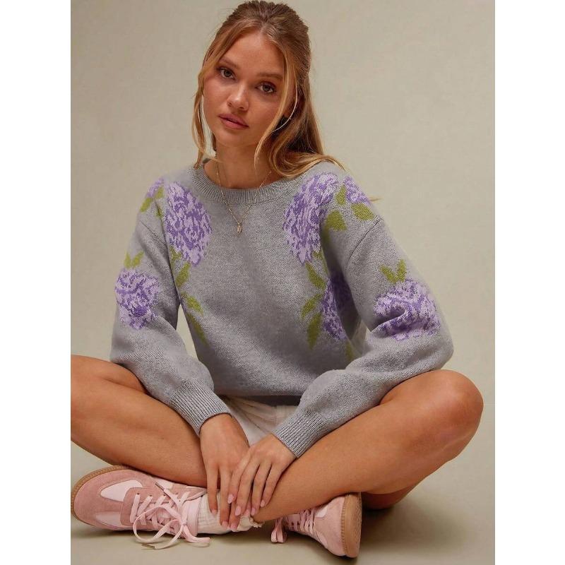 Women S Loose Round Neck Long Sleeve Knit Sweater Lazy Floral Pattern