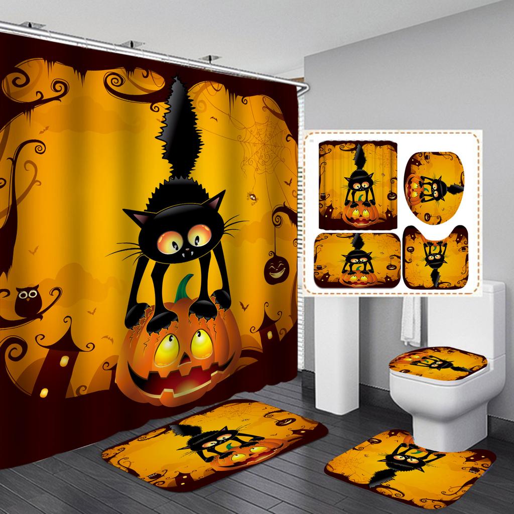 Halloween Printed Bathroom 4-Piece Set, Shower Curtain + Floor Mat + U-Shaped Mat + Toilet Seat Mat, Waterproof And Punch-Free, With 12 Hooks