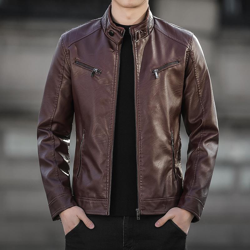 Lederjacke Herren Herbst und Winter Lokomotive Lederjacke Koreanische Version Slim Fit Samt Verdickt Vielseitige Herrenbekleidung
