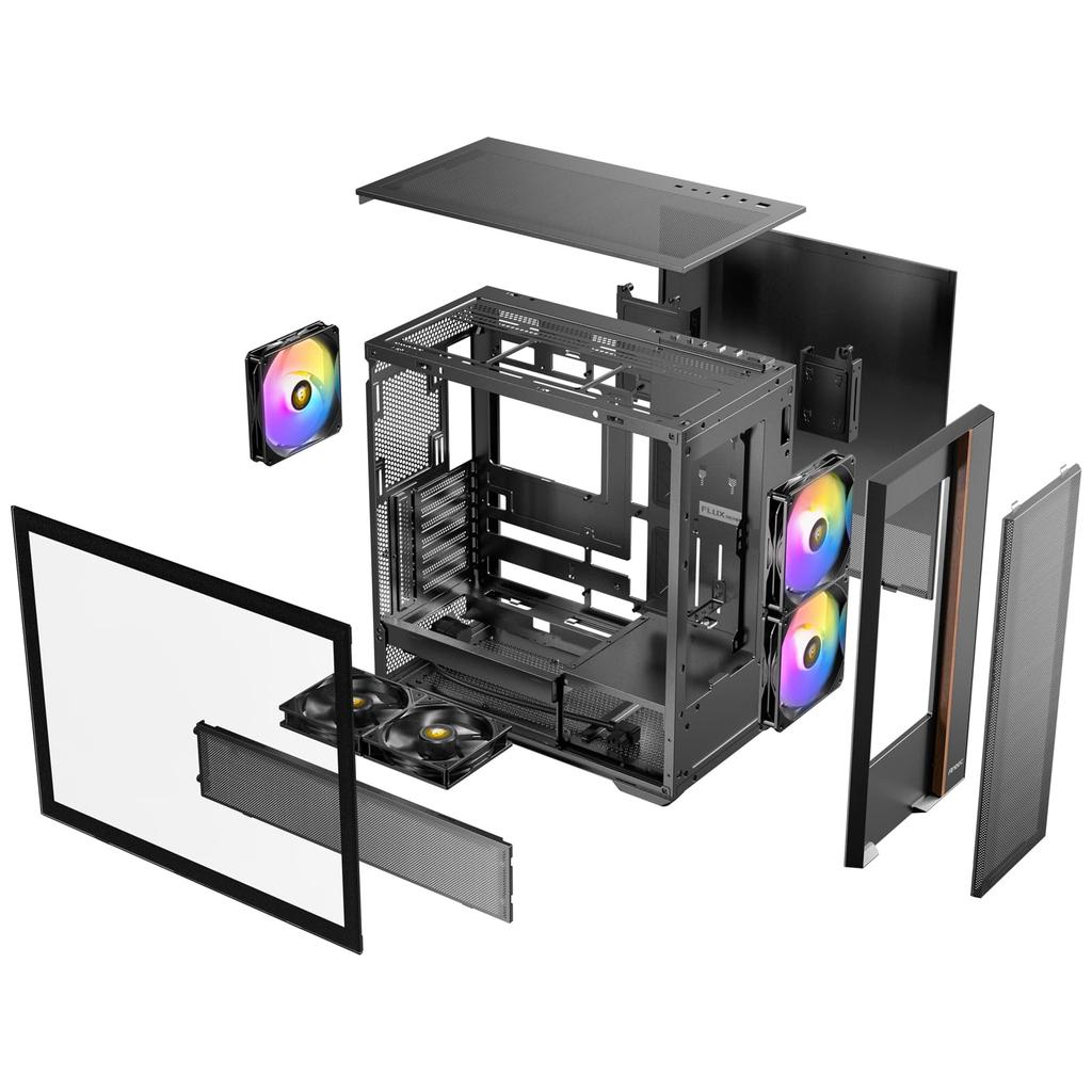 ANTEC FLUX REAR Mid Tower Case: A mid-tower PC case with a wooden front panel and a tempered glass side panel for enhanced cooling.