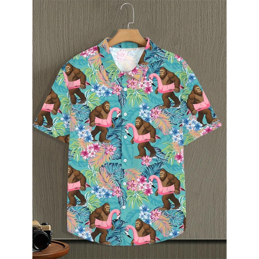 2026 Men's Summer Shirt Lapel Design Swimming Circle Gorilla Pattern Men's Large Size Shirt Fashion Loose Seaside Partywear