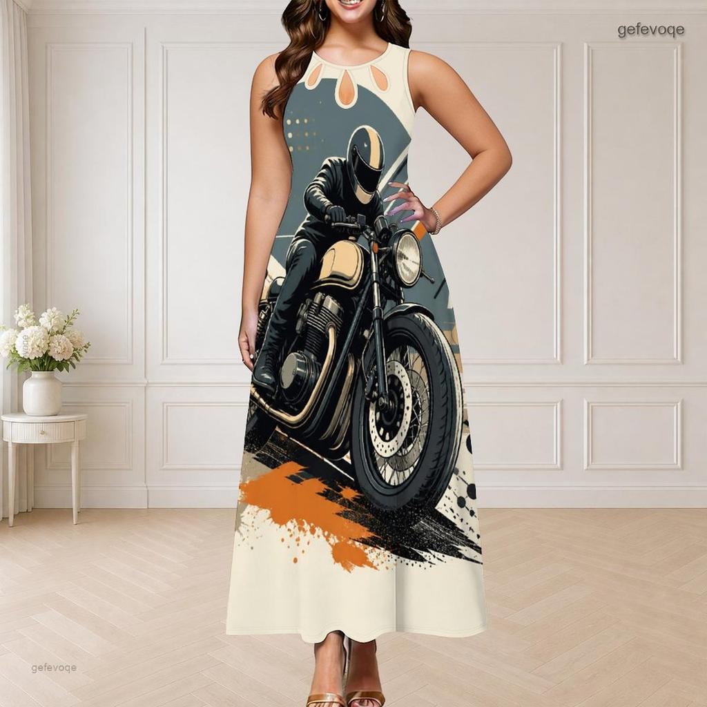 Women Plus Size Round Neck Triple Keyhole Cutout Sleeveless Cartoon Construction Vehicle Printed Maxi Dress