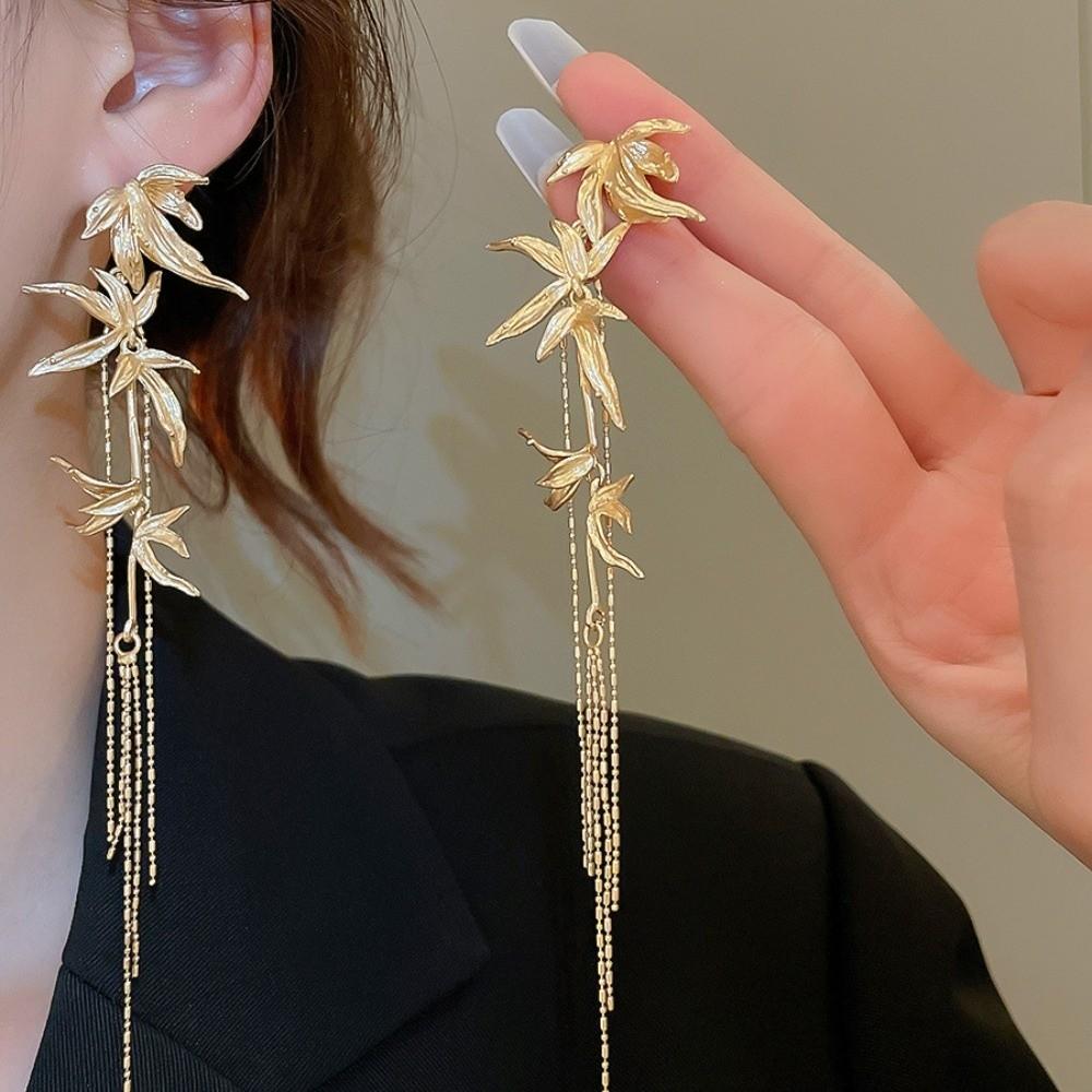 Zinc Zinc Alloy Long Tassel Dangle Earrings Chinese Ancient Style Ear Jewelry Bamboo Leaf Earrings Party