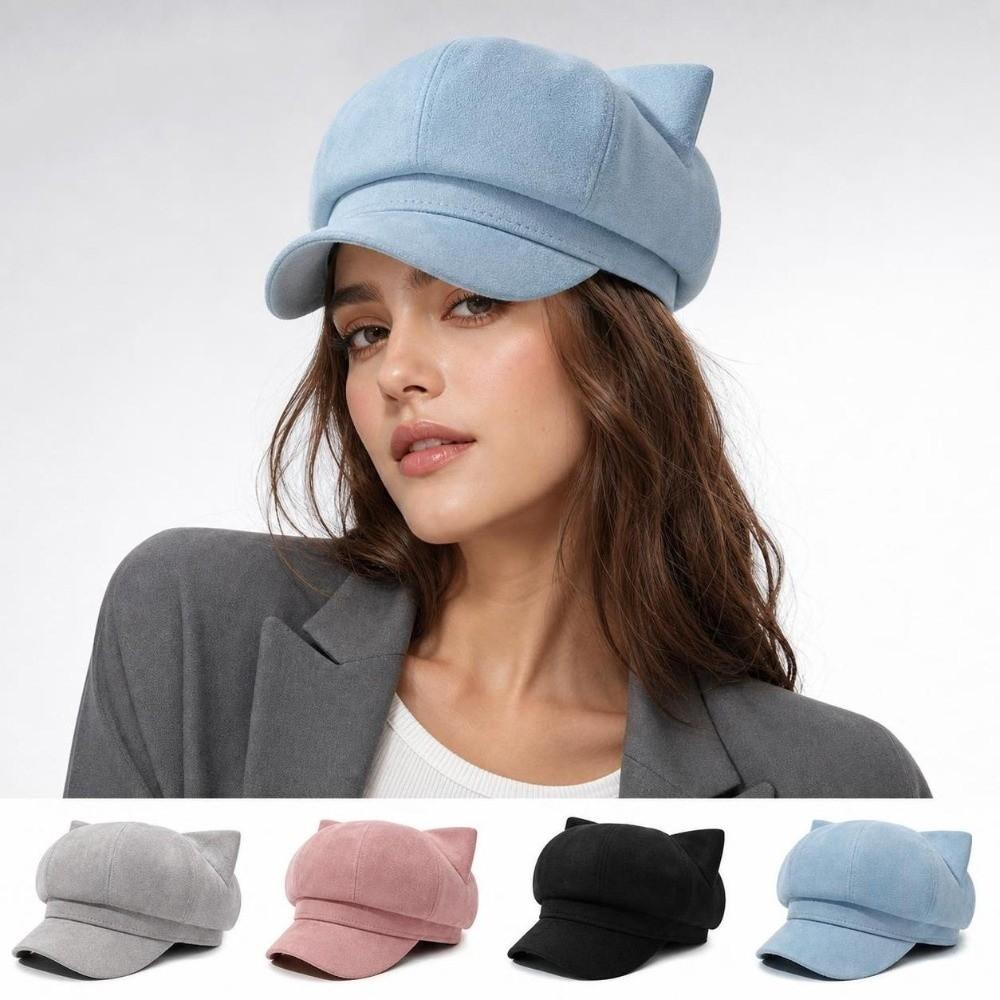 Adjustable Newsboy Cap Solid Color Octagonal Hat Casual Cat Ear Beret Women
