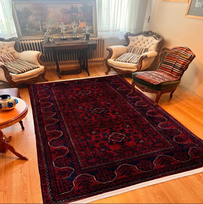 Dark Red Afghan Rug Vintage Distressed